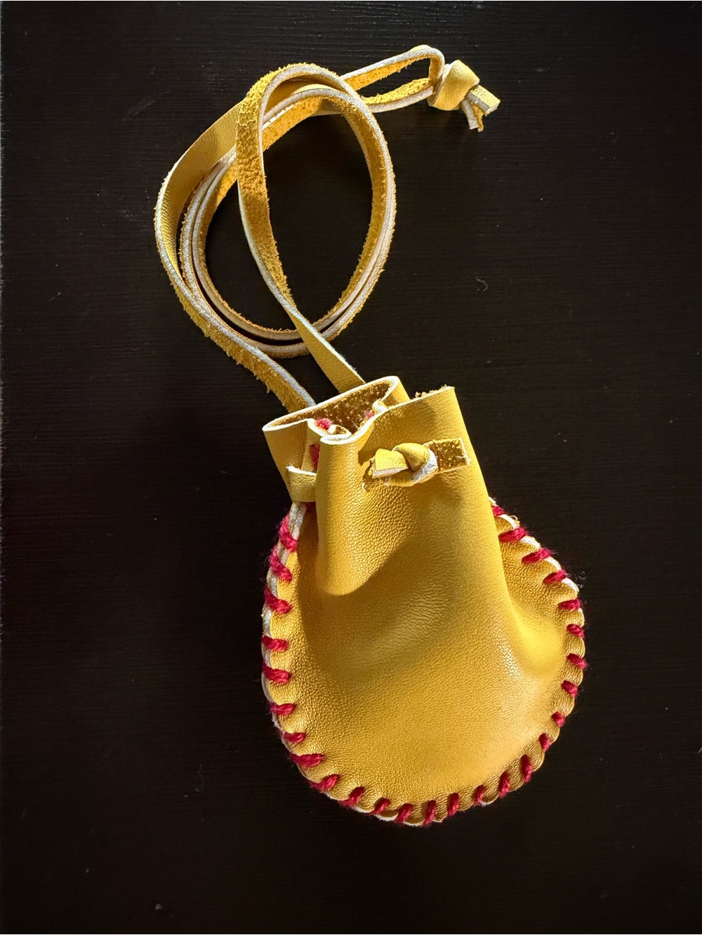 Yellow Leather Drawstring Pouch